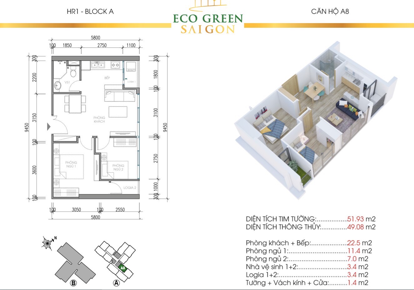Mẫu thiết kế căn A8 Tòa Hr1 Eco Green Saigon