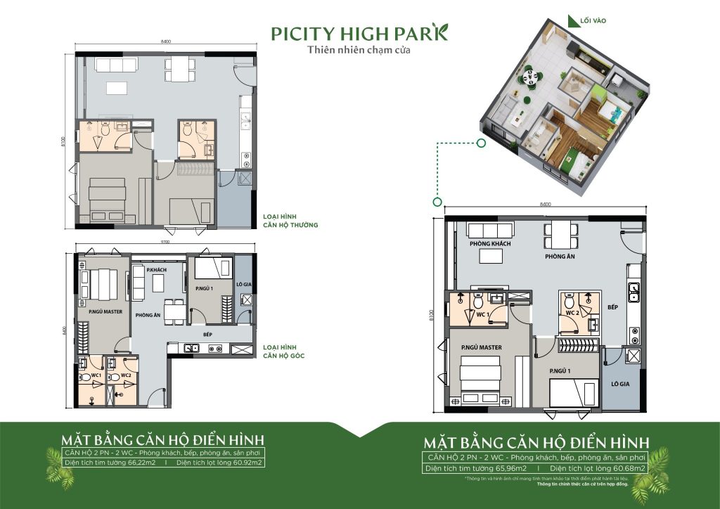 Thiết kế chi tiết căn 2 phòng ngủ 2 phòng vệ sinh căn hộ Picity High Park