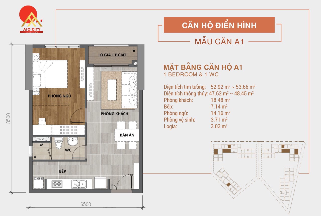 Mẫu thiết kế căn A1 loại 1 phòng ngủ khu căn hộ Aio City Bình Tân Hoa Lâm đường Tên Lửa