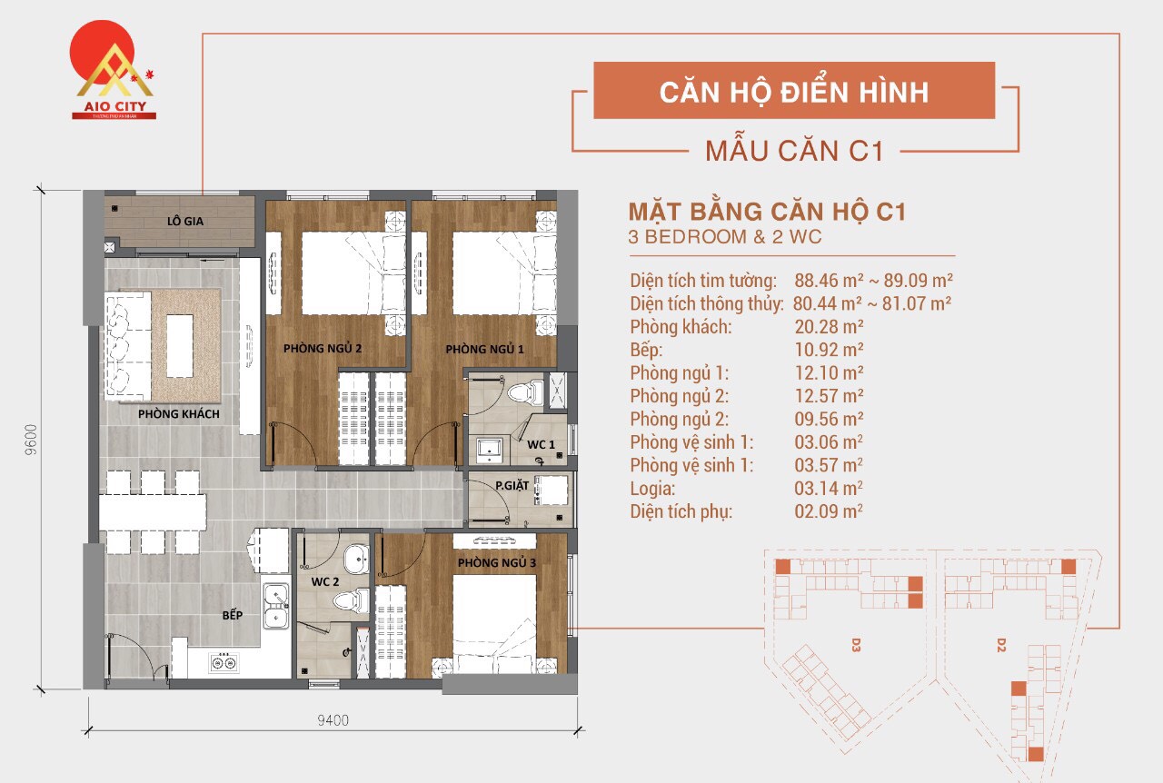 Mẫu thiết kế căn C1 loại 3 phòng ngủ khu dự án căn hộ chung cư Aio City Tên Lửa Bình Tân chủ đầu tư Hoa Lâm