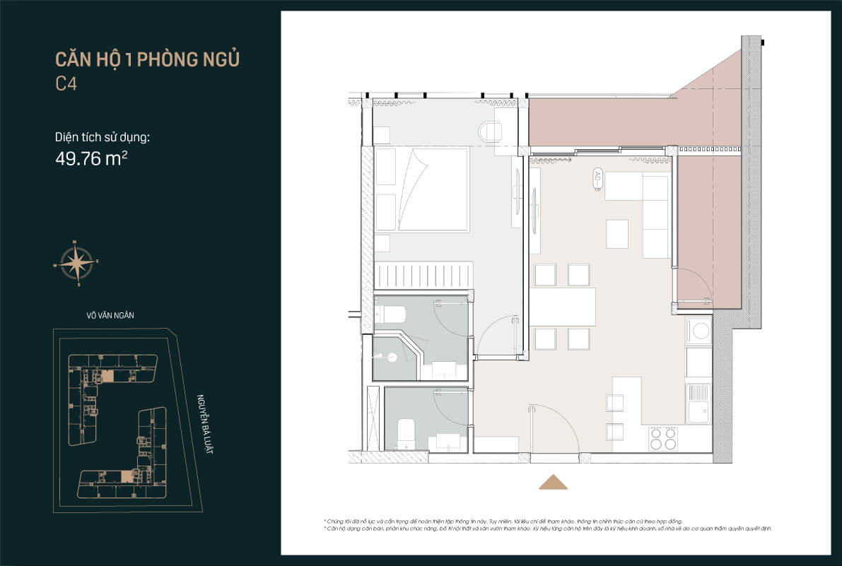 Mẫu thiết kế căn hộ 1PN mẫu C4 căn số 14 dự án King Crown Infinity Thủ Đức