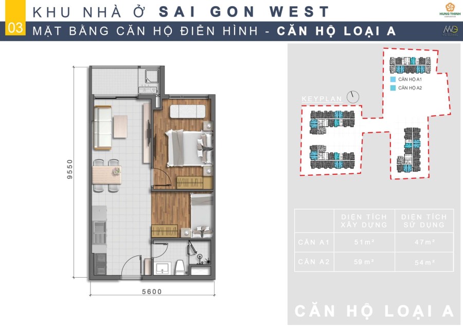 Thiết kế căn hộ 1PN dự án Moonlight Complex Hưng Thịnh