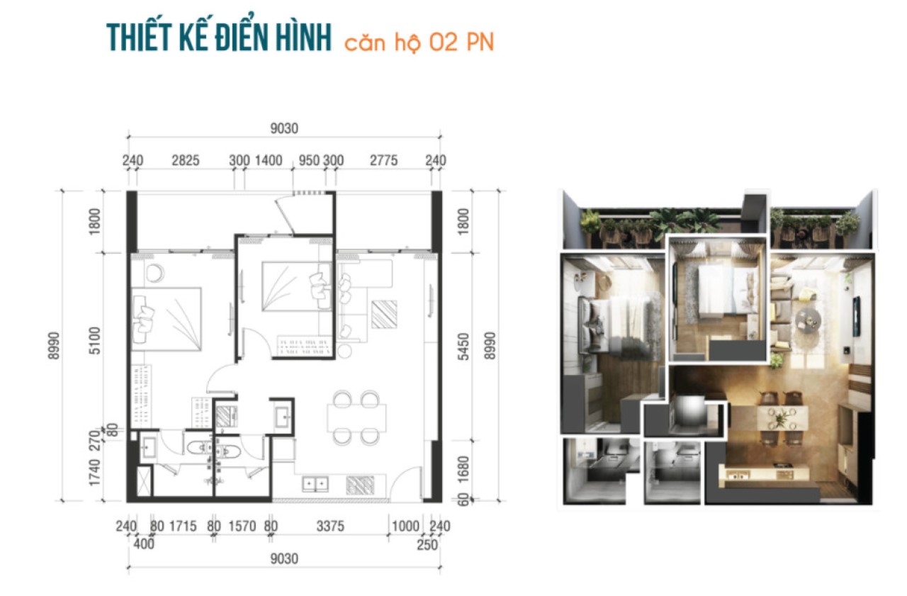Thiết kế căn hộ 2 phòng ngủ Fiato Premier Thăng Long Home