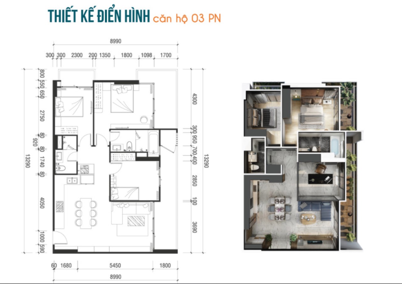 Thiết kế căn hộ 3 phòng ngủ Fiato Premier Thăng Long Home