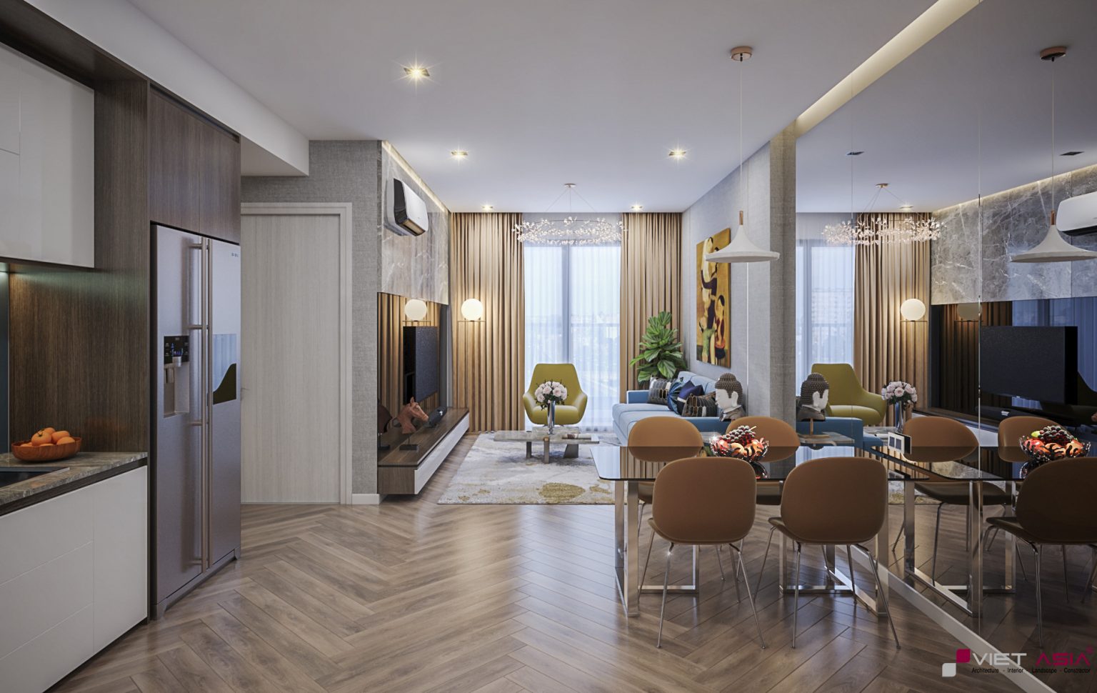 Hình ảnh thiết kế nhà mẫu căn hộ The Privia Khang Điền Bình Tân - Không gian bếp, bàn ăn mở