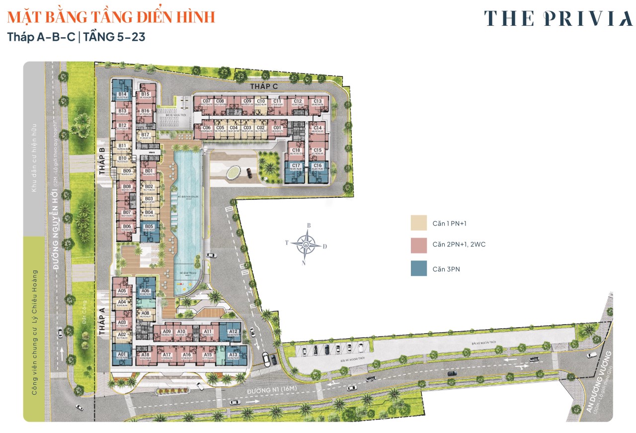Mặt bằng bố trí căn hộ tầng 5 đến tầng 23 dự án The Privia Bình Tân